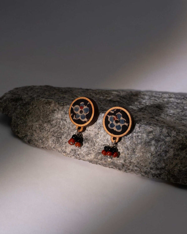 WHE Ajrakh Multicolour Repurposed Fabric and Wood Stud Earrings