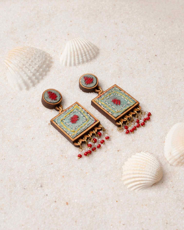 WHE Kantha Columbia Blue Repurposed Silk Fabric and Wood Earrings