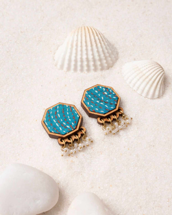 WHE Turquoise Kantha Repurposed Silk Fabric and Wood Studs