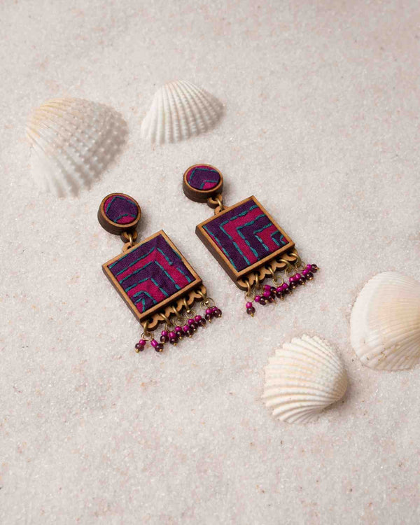 "WHE Pink Purple Kantha Repurposed Silk Fabric and Wood  Earrings