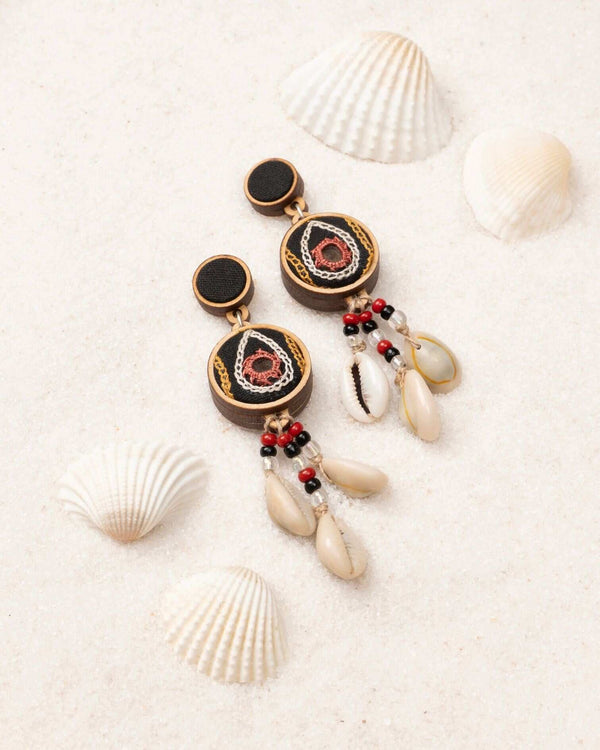 WHE Hand Embroidered Multicolor Earrings with Shells