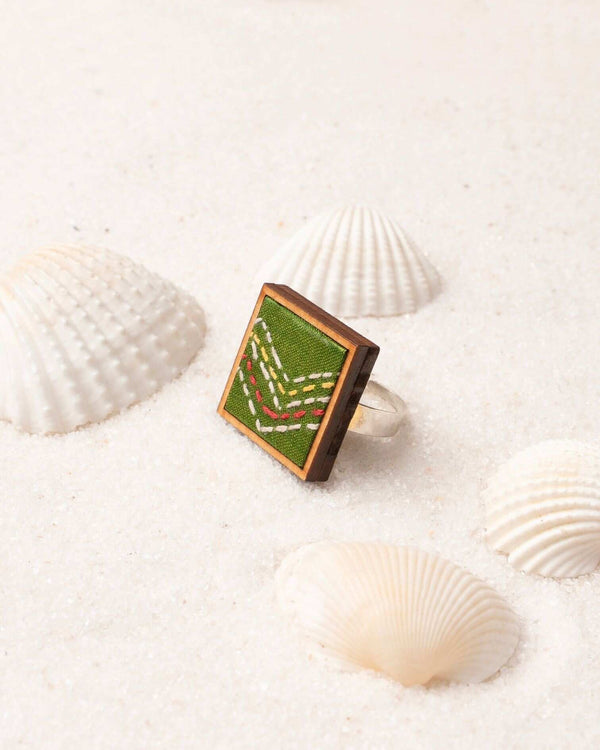WHE Kantha Green Repurposed Silk Fabric and Wood Ring