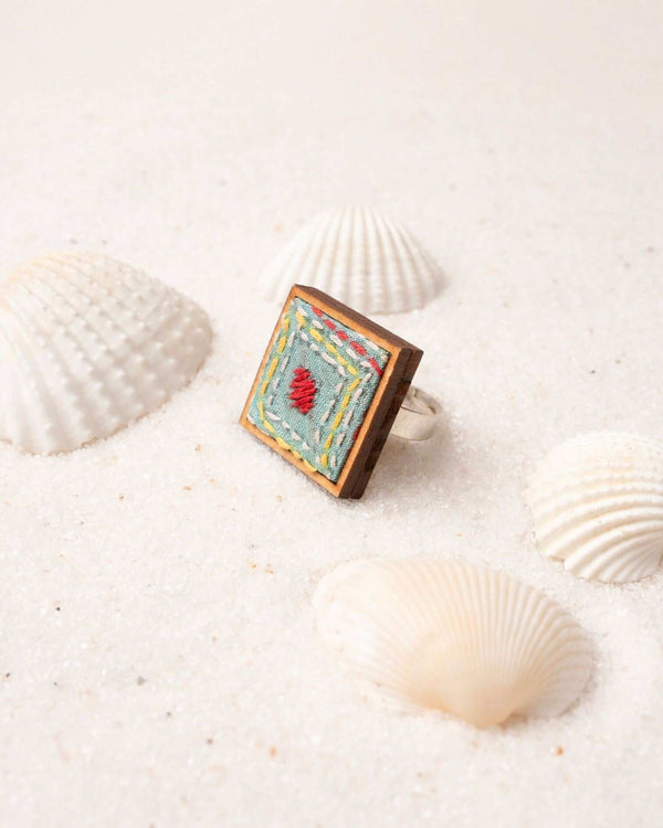 WHE Kantha Columbia Blue Repurposed Silk Fabric and Wood Ring