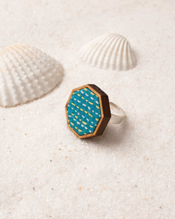 WHE Turquoise Kantha Repurposed Silk Fabric and Wood Ring