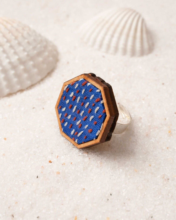 WHE Blue Kantha Repurposed Silk Fabric and Wood Ring