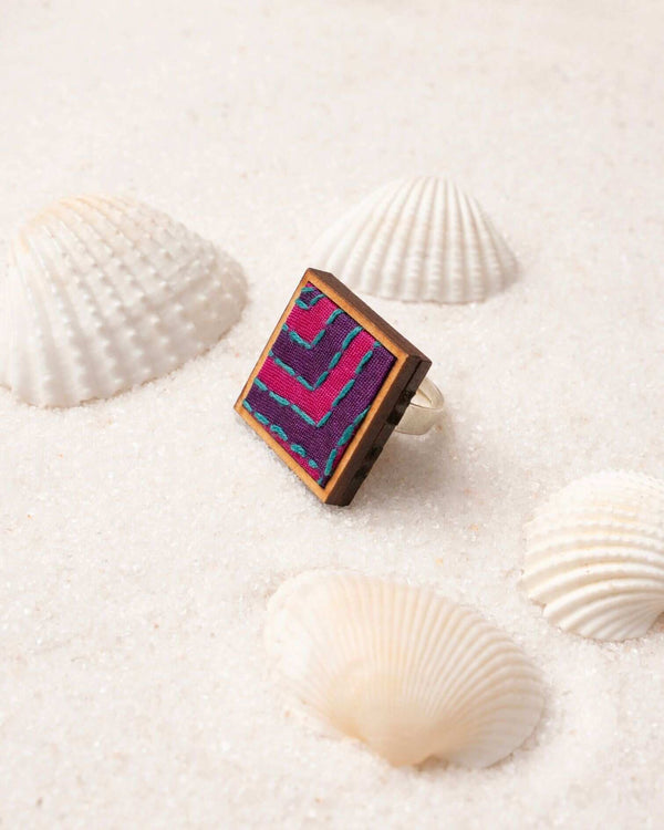 "WHE Pink Purple Kantha Repurposed Silk Fabric and Wood Ring