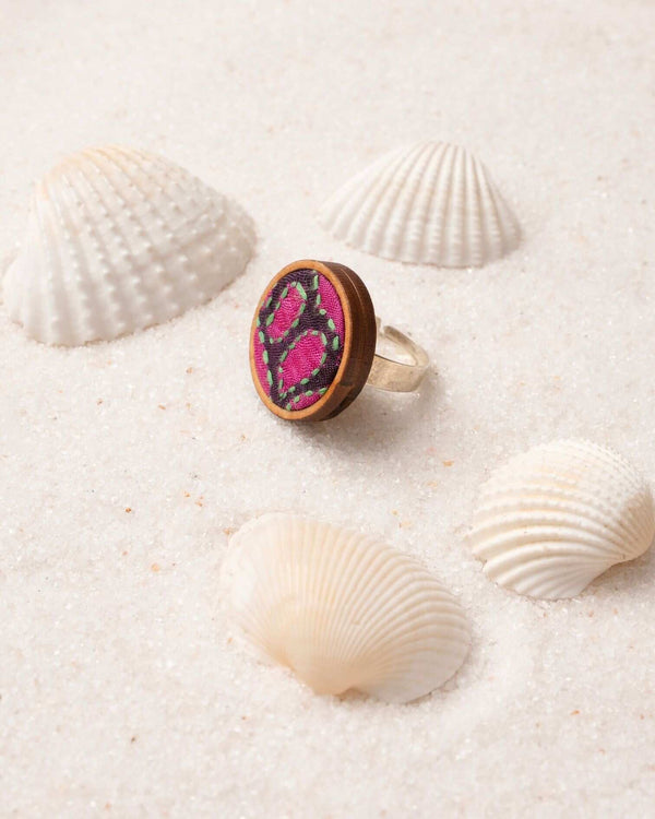 WHE Pink Purple Kantha Repurposed Silk Fabric and Wood Ring