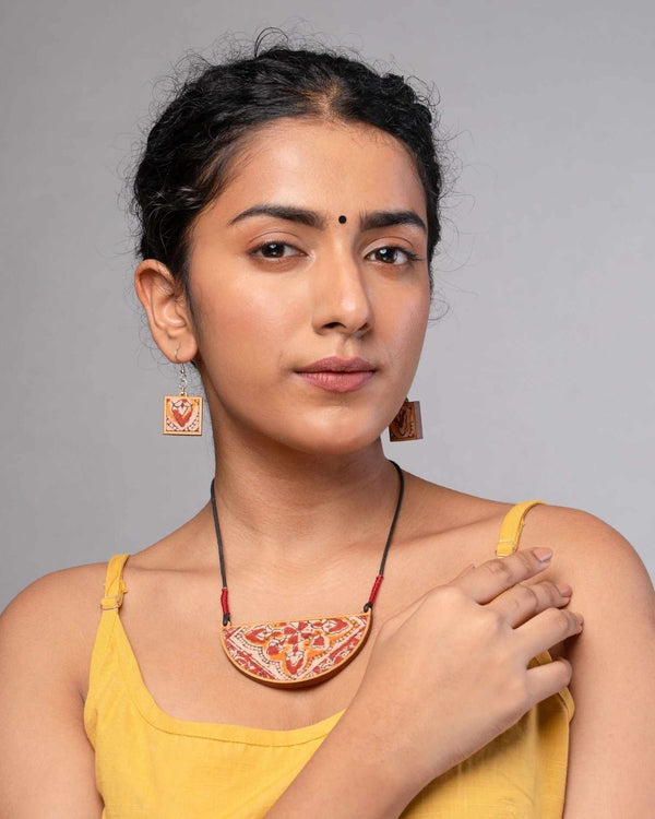 WHE Red Repurposed Kalamkari Fabric and Repurposed Wood Pendant