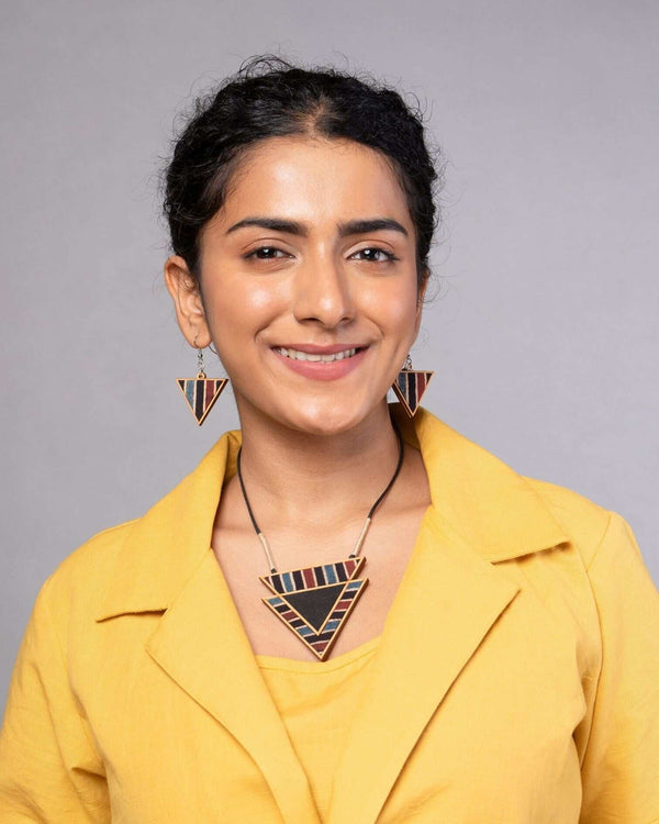 WHE Black Ajrakh Repurposed Fabric and Wood Triangular Necklace
