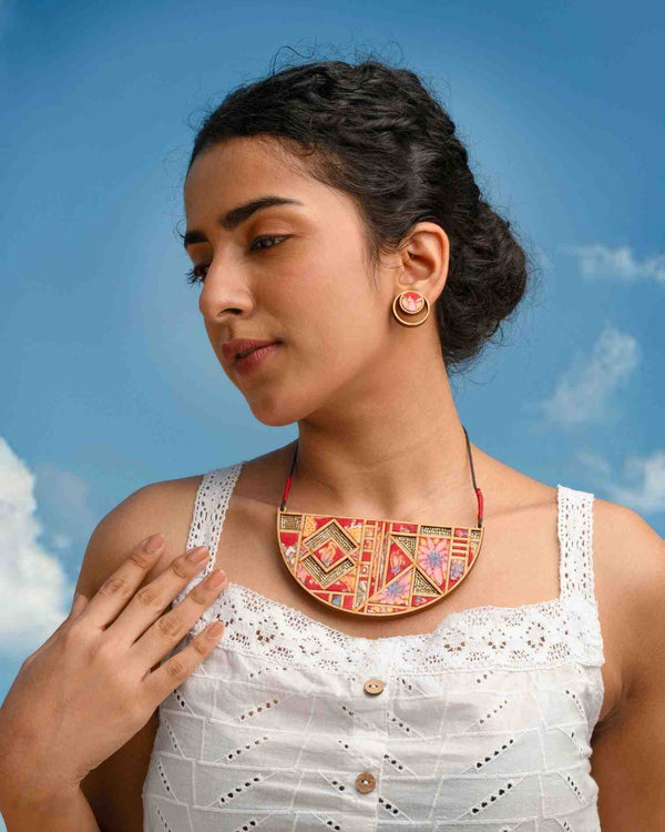 WHE Floral Half Moon Multicolor Repurposed Fabric and Wood Necklace