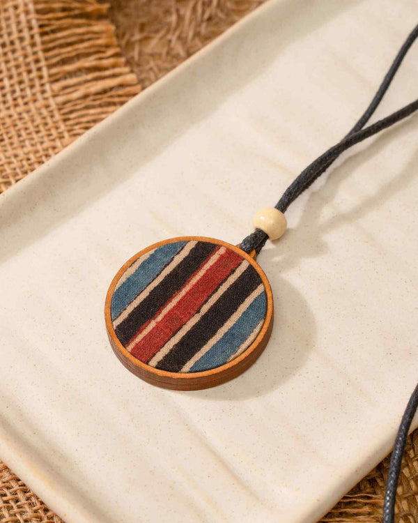 WHE Unisex Blue Round Repurposed Fabric and Wood Pendant