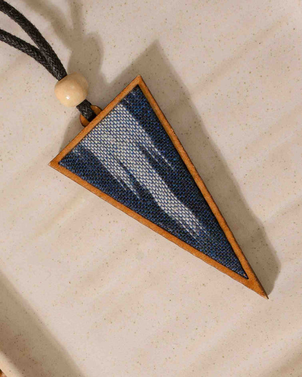 WHE Unisex Blue Round Repurposed Fabric and Wood Triangular Pendant