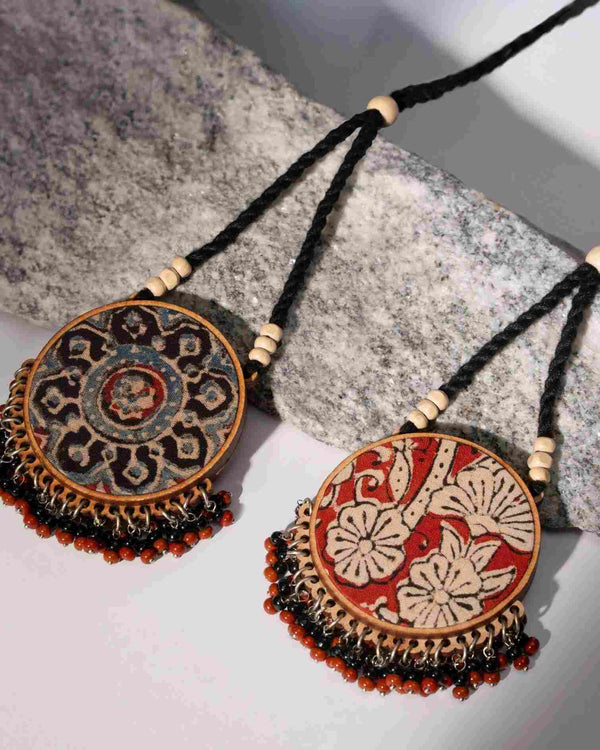 WHE Two in One Black and Red Repurposed Fabric and Wood Round Pendant