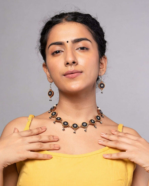 WHE Black Repurposed Fabric and Wood Necklace