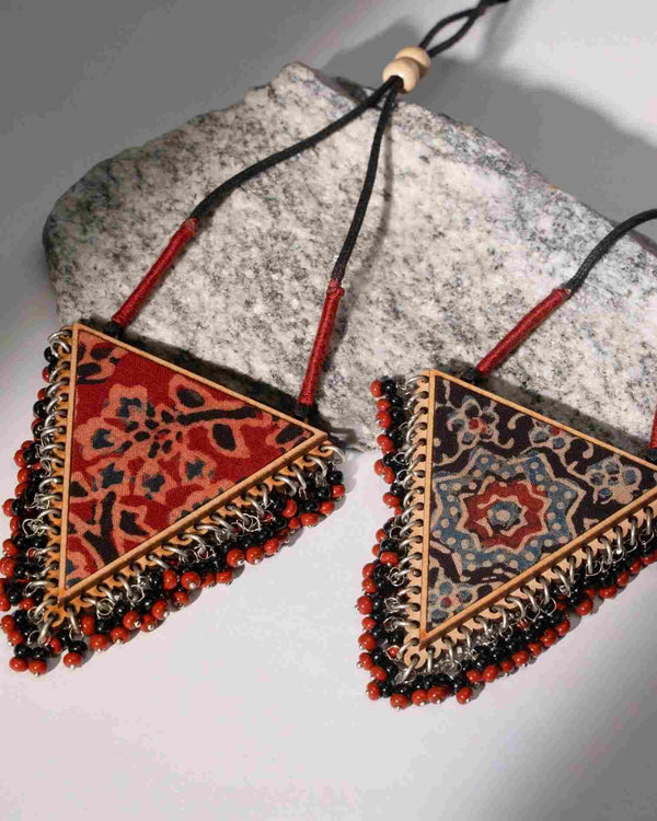 WHE Two in One Multicolor Repurposed Fabric and Wood Triangle Pendant