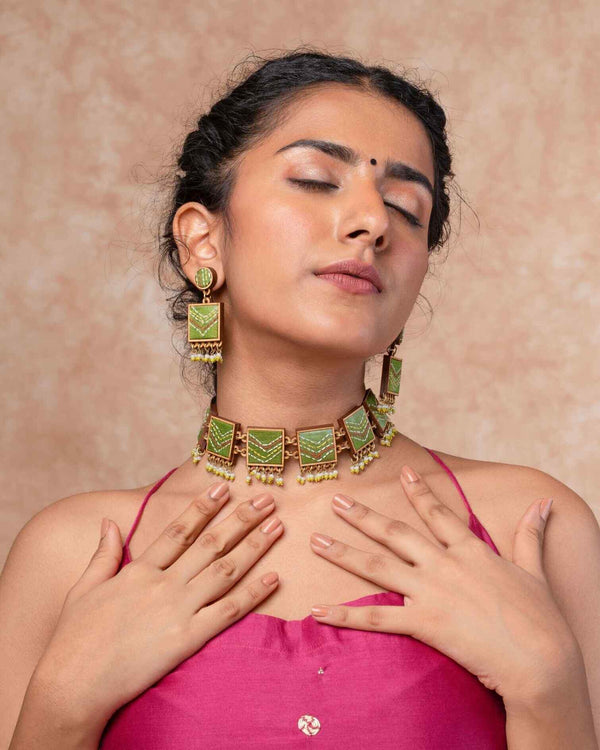 WHE Kantha Green Repurposed Silk Fabric and Wood Necklace