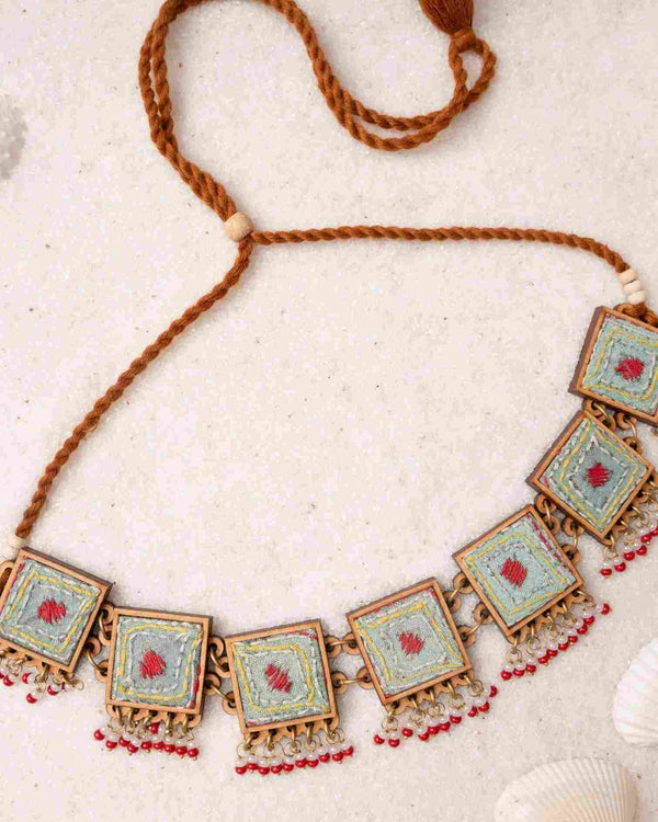WHE Kantha Columbia Blue Repurposed Silk Fabric and Wood Necklace