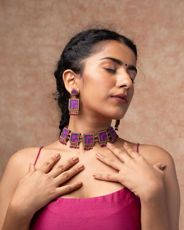 "WHE Pink Purple Kantha Repurposed Silk Fabric and Wood Necklace JN1959