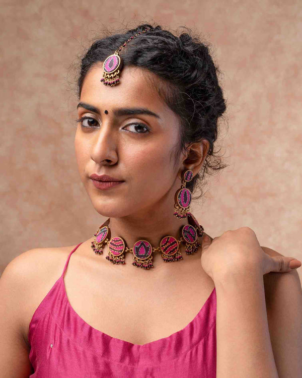 WHE Multicolor Kantha Silk Fabric and Repurposed Wood Necklace
