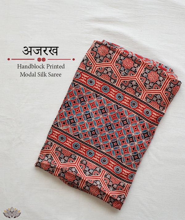 Ajrakh modal silk hand block printed saree