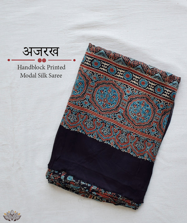 Ajrakh modal silk hand block printed saree