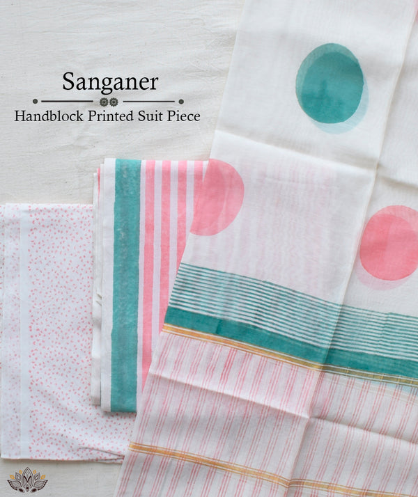 Exclusive Amounee Sangneer Hand Block Printed Cotton Suit Piece with Kota Dupatta
