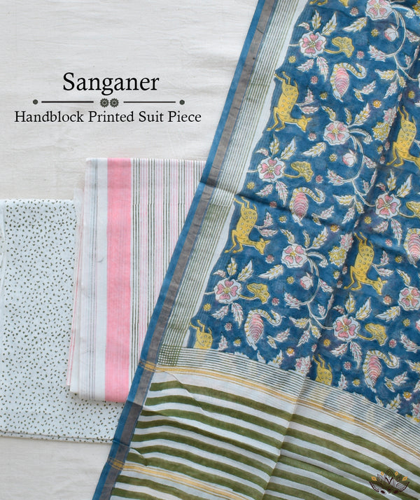 Exclusive Amounee Sangneer Hand Block Printed Cotton Suit Piece with Kota Dupatta