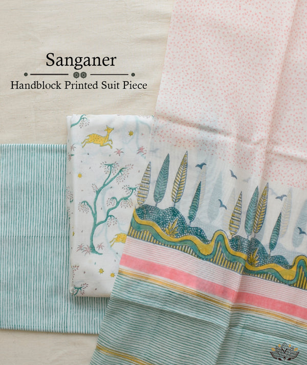 Exclusive Amounee Sangneer Hand Block Printed Cotton Suit Piece with Kota Dupatta