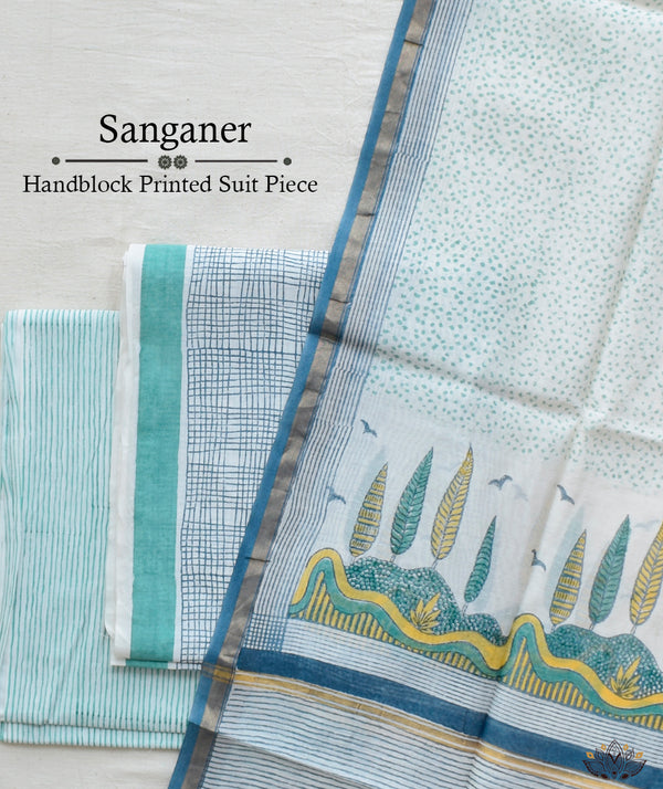 Exclusive Amounee Sangneer Hand Block Printed Cotton Suit Piece with Kota Dupatta