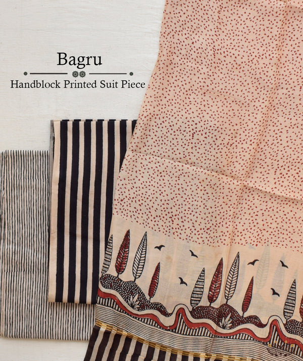 Exclusive Amounee Bagru Hand Block Printed Cotton Suit Piece with Kota Dupatta