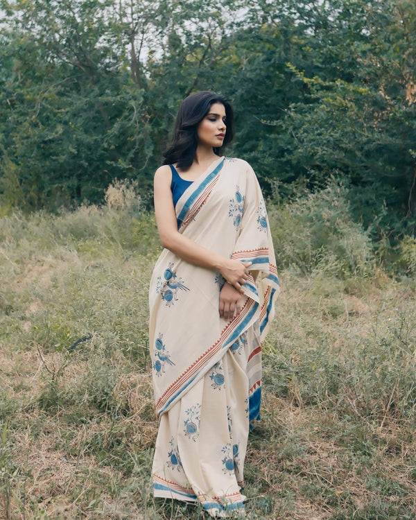 Ajrakh Cotton hand block printed saree
