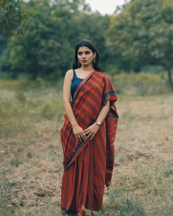 Ajrakh Cotton hand block printed saree