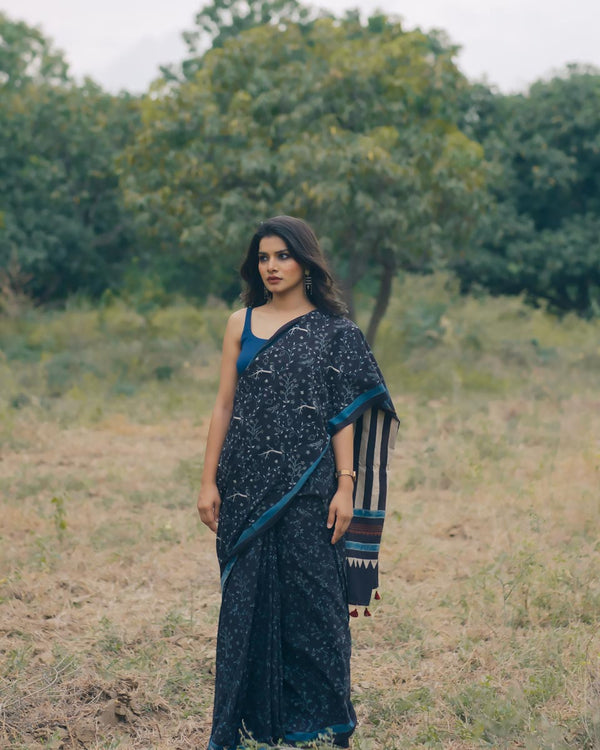 Ajrakh Cotton hand block printed saree