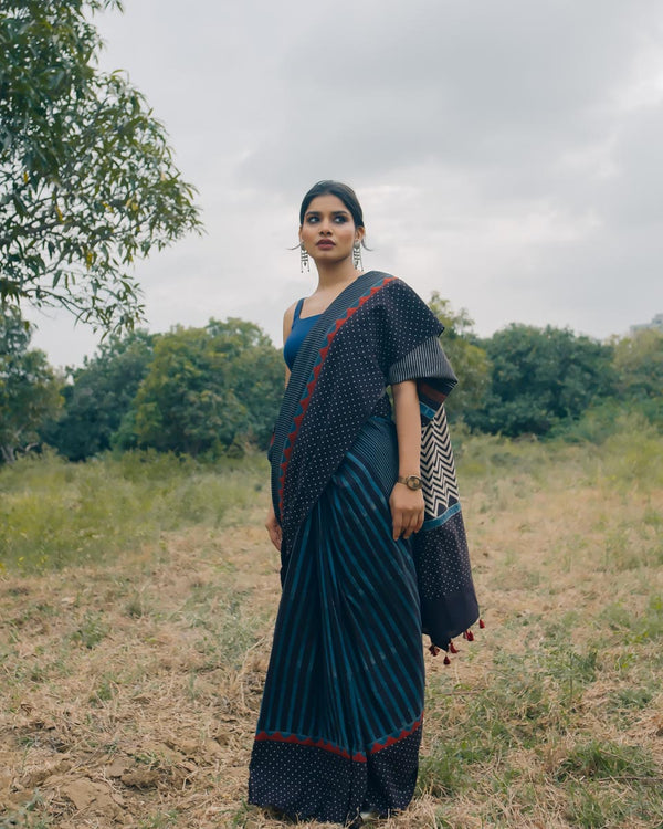 Ajrakh Cotton hand block printed saree