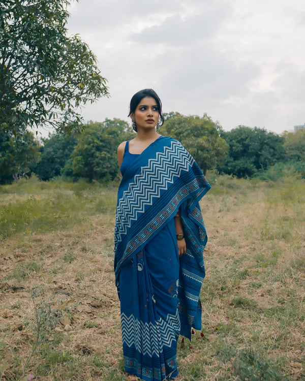 Ajrakh Cotton hand block printed saree