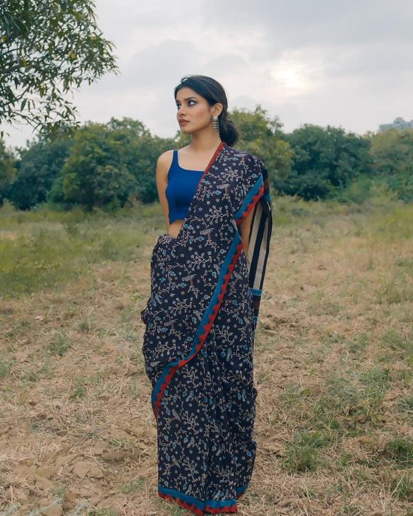 Ajrakh Cotton hand block printed saree