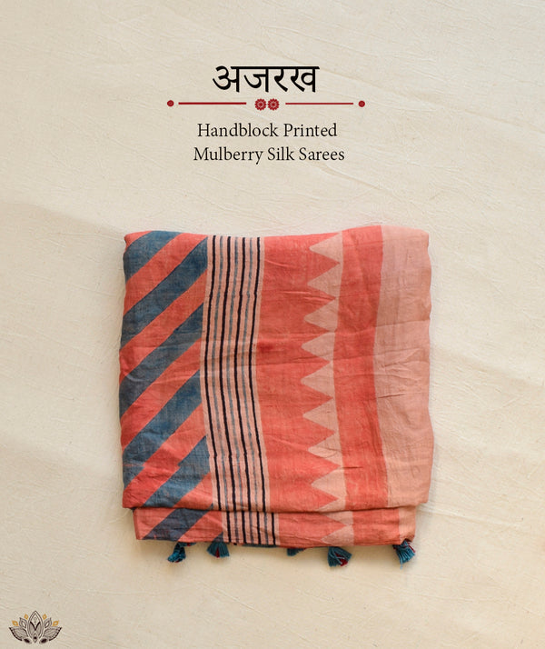 Ajrakh mulberry silk hand block printed saree