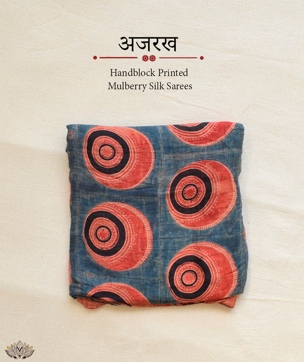 Ajrakh mulberry silk hand block printed saree