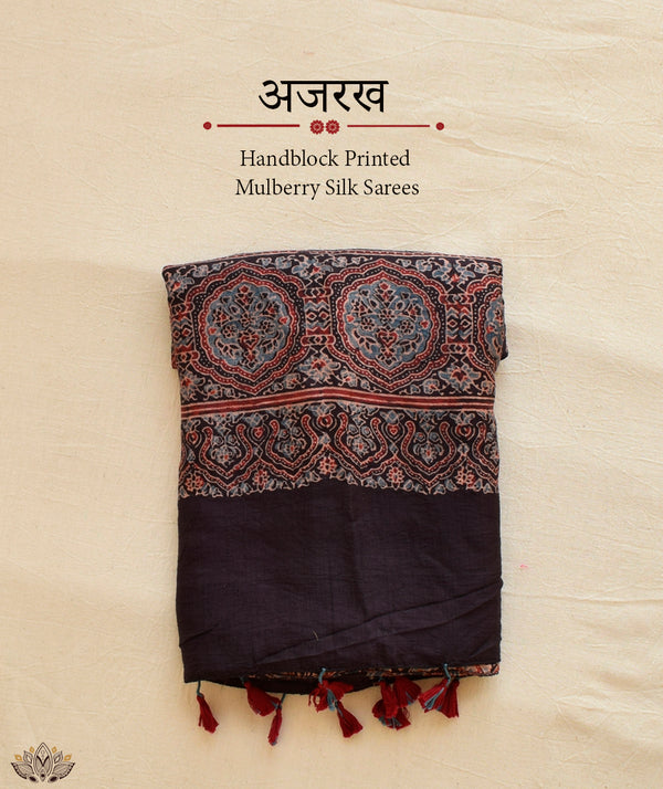 Ajrakh mulberry silk hand block printed saree