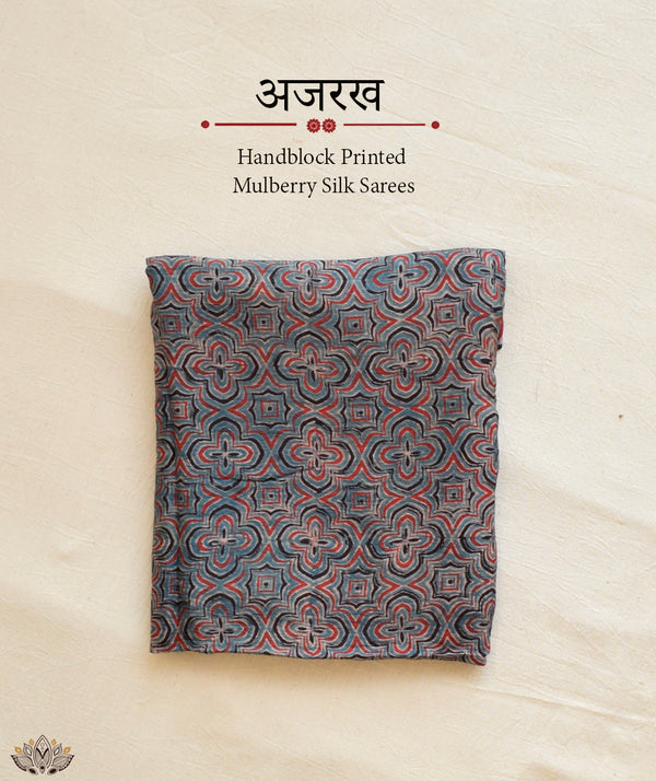 Ajrakh mulberry silk hand block printed saree