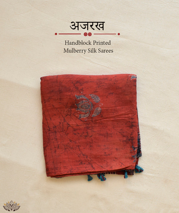 Ajrakh mulberry silk hand block printed saree