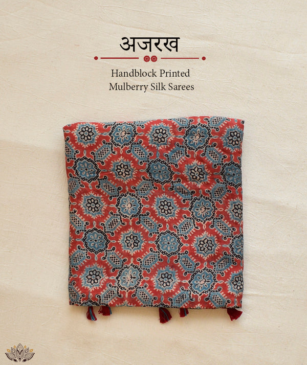 Ajrakh mulberry silk hand block printed saree