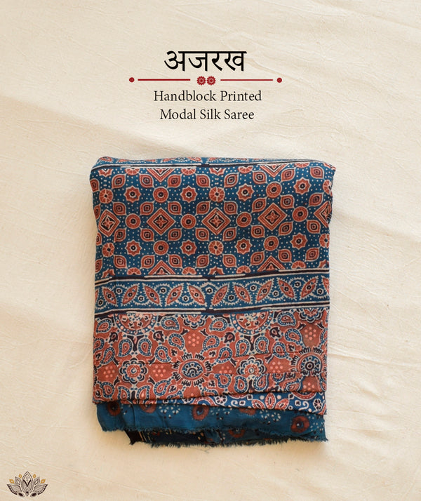 Ajrakh modal silk hand block printed saree