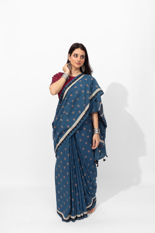 Exclusive Amounee Ajrakh Hand Block Printed Cotton Saree