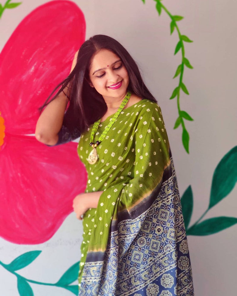 Ajrakh cotton Bandhani hand block printed saree