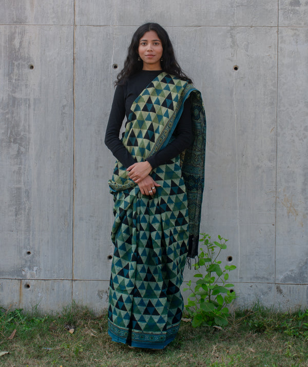 Ajrakh Linen hand block printed saree