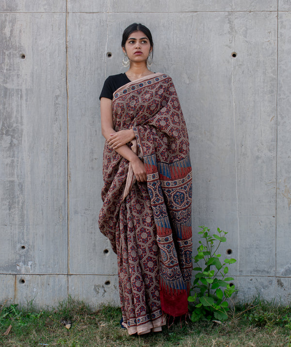 Ajrakh modal hand block printed saree