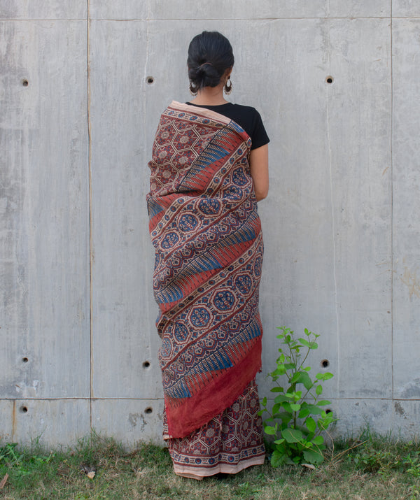 Ajrakh modal hand block printed saree