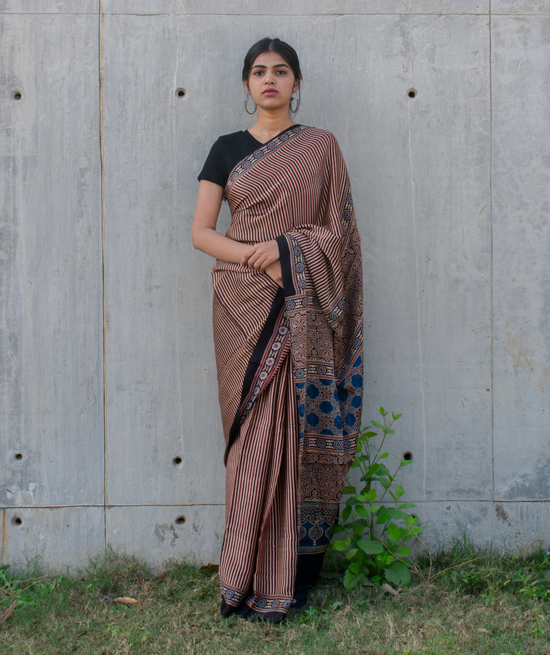 Ajrakh modal silk hand block printed saree