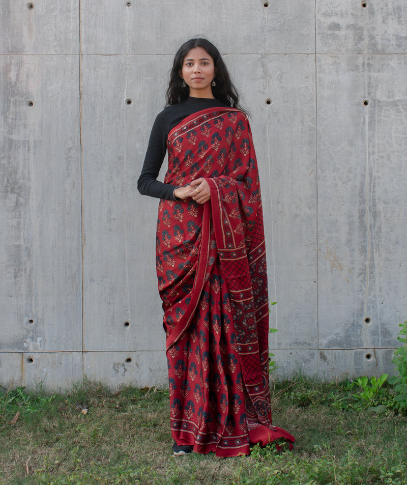 Buy Ajrakh Modal Silk sarees with Zari pallu Online | Modal Silk Saree